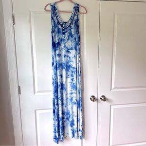 Spense Sleeveless Maxi Dress, Blue and white print, Size XL